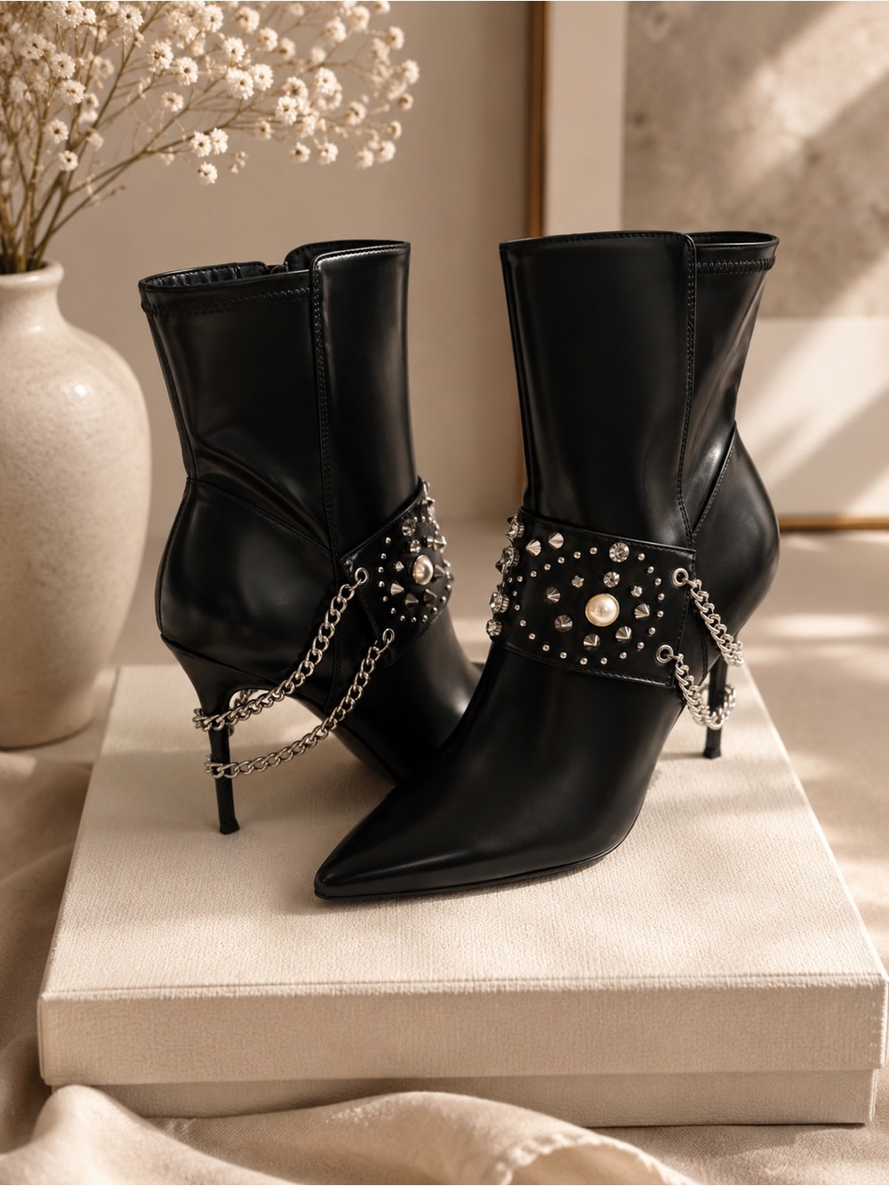 Edgy Luxe Black Studded Chain Ankle Boots| Pointed Toe Stiletto Booties
